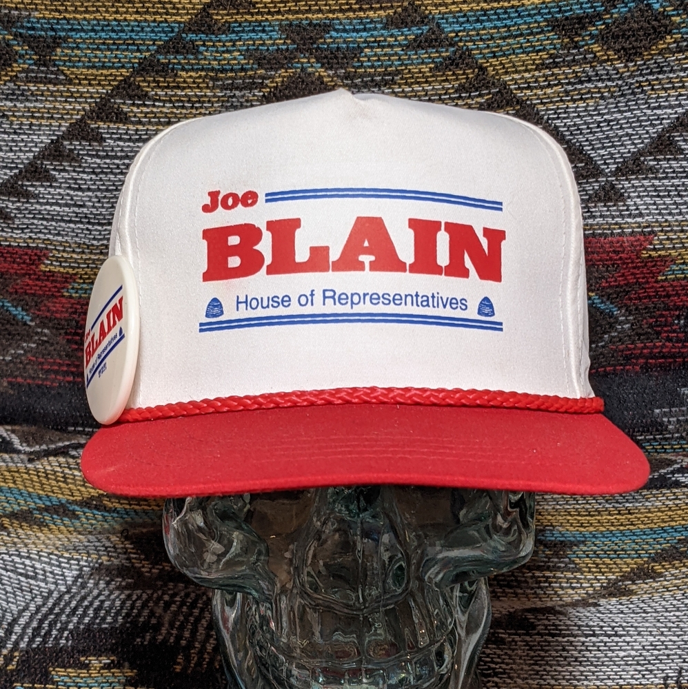 90s Joe Blain Political Campaign 2tone Canvas Rope Snapback w Button. Cleaned.